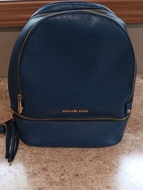 Michael Kors Pebbled Blue Leather Backpack with Gold Hardware